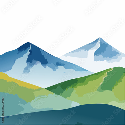 Stylized mountain landscape with snow-capped peaks and rolling green hills, vector illustration.