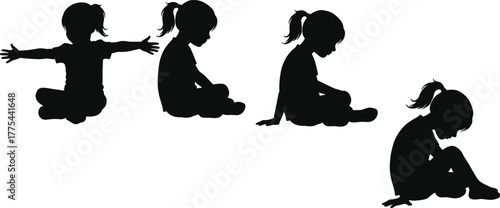 Child silhouette emotional progression, sitting poses from open to withdrawn, emotional development sequence, contemplative to distressed, vector illustration for mental health