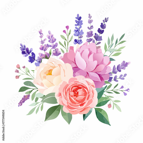 A beautiful watercolor illustration of a floral bouquet featuring peonies, roses, and lavender.