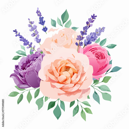 Beautiful watercolor floral bouquet with peach roses, pink peonies, and purple lavender, surrounded by green leaves, perfect for spring and wedding designs.