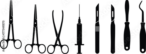 Silhouette illustration of surgical and medical instruments including scissors, syringe, scalpel, and dental tools for healthcare, hospital, clinic, and surgery design