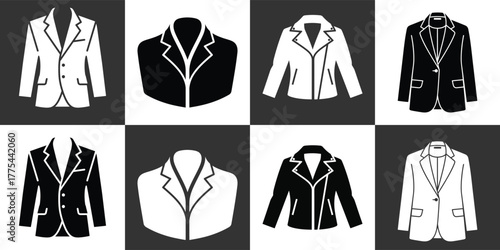 Sophisticated suit jacket ensemble on a checkered backdrop, featuring an array of chic blazers in monochrome, ideal for professional attire