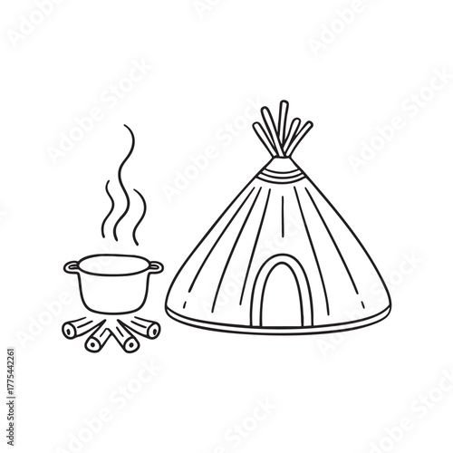 A yurt near a kettle releasing steam over the flames