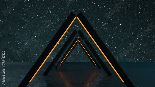 Starry Night Sky Above Glowing Geometric Structures by the Water's Edge