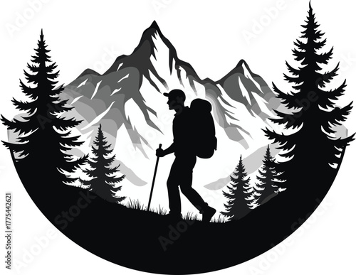 Hiker trekking mountain landscape silhouette design