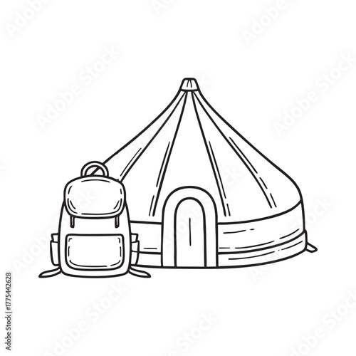 A yurt positioned close to a backpack on the ground