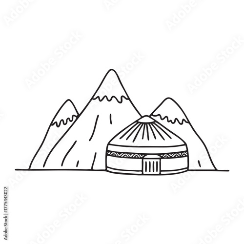 A yurt facing a mountain range with snowy peaks