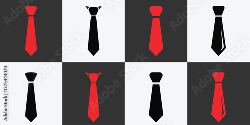 Pattern of red and black ties in a grid against contrasting backgrounds