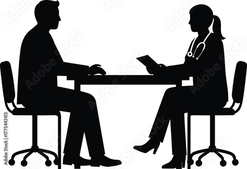 Silhouette of doctor consulting patient in medical office, healthcare discussion and diagnosis concept, professional medicine and hospital appointment illustration vector design