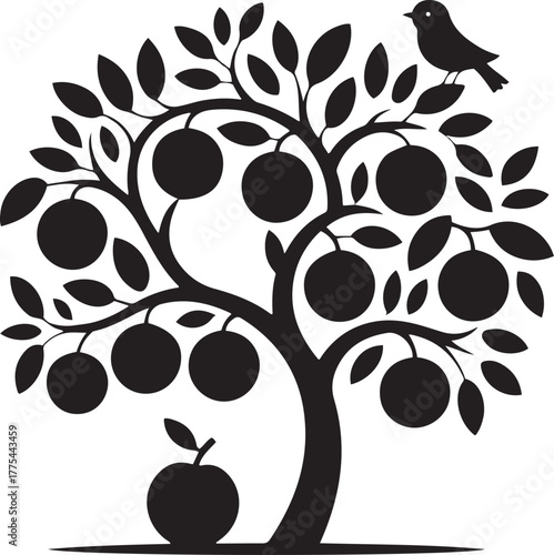 Black silhouette fruit tree with bird