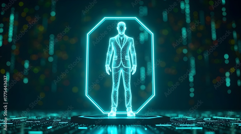 Fototapeta premium Futuristic digital human hologram standing on virtual platform, representing artificial intelligence, data technology, virtual identity, innovation, and advanced cyber network concept