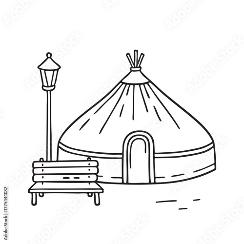A yurt near a wooden bench with a lantern beside it