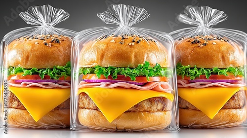 White-sweep product shot: trio of plastic-wrapped sandwiches in line, shadowless studio light, ultra-sharp zero text—perfect for delivery menu, e-commerce thumb, supermarket poster, nutrition label, m