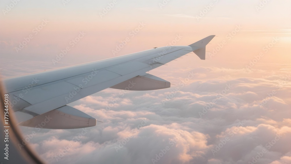 Fototapeta premium Airplane wing view above clouds at sunset ideal for travel themes