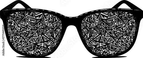 Black sunglasses with intricate geometric pattern on lenses, clean vector 