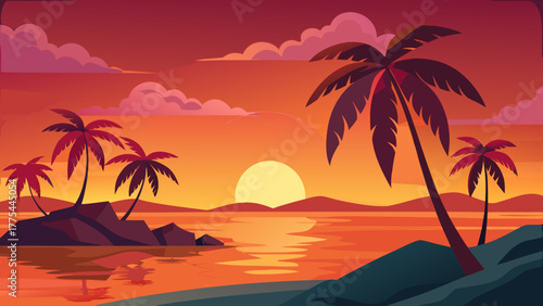 Vector illustration of a serene sunset summer tropical beach scene featuring palm trees, calm sea waves, and a small island silhouette