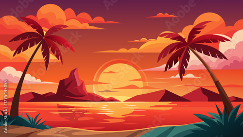 Vector illustration of a serene sunset summer tropical beach scene featuring palm trees, calm sea waves, and a small island silhouette