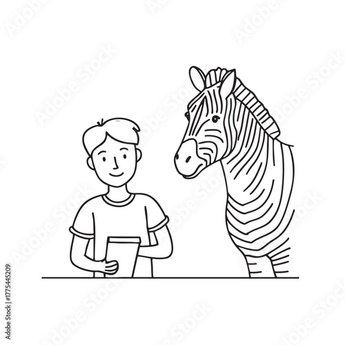 A zebra standing near a child sketching on a pad
