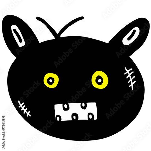 Hand-Drawn Black Monster Head with Yellow Eyes