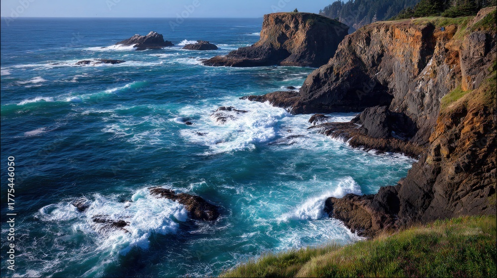 Obraz premium Coastal cliffs meet ocean waves under a bright blue sky with copy space