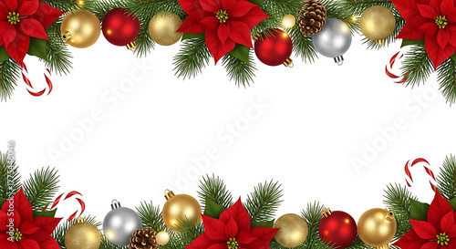 Christmas Holiday Garland with Poinsettias and Ornaments.