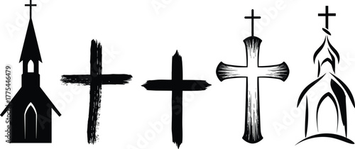 Christian church silhouettes and hand painted crosses, brushstroke crosses, modern abstract church icons, religious worship symbols, vector set for design