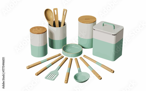 Stylish Kitchen Utensils and Storage Set with Mint Green and White Design on White Background