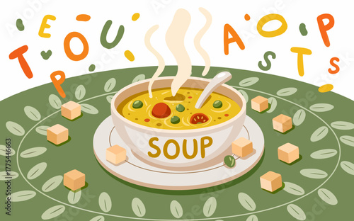Delicious alphabet soup illustration featuring vegetables and croutons on a leafy green tablecloth inviting and educational