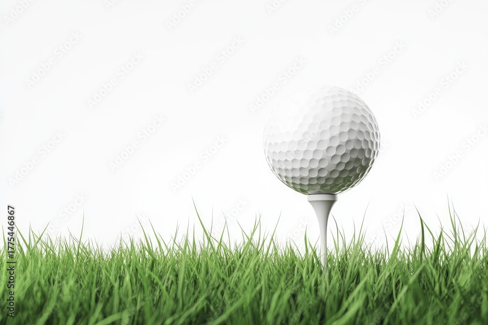 Fototapeta premium Golf ball atop a tee, grassy foreground