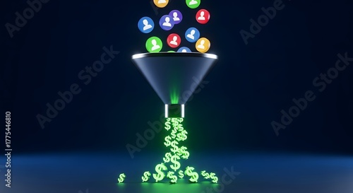 Conversion funnel with social media icons and dollar signs on dark background