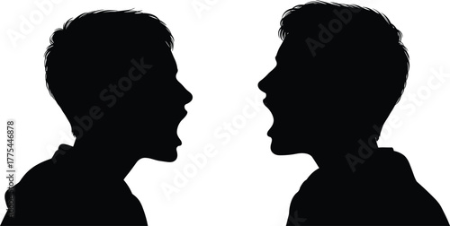 Confrontation silhouette vector, two shouting human heads facing each other, argument and conflict concept, communication tension and interpersonal dispute illustration