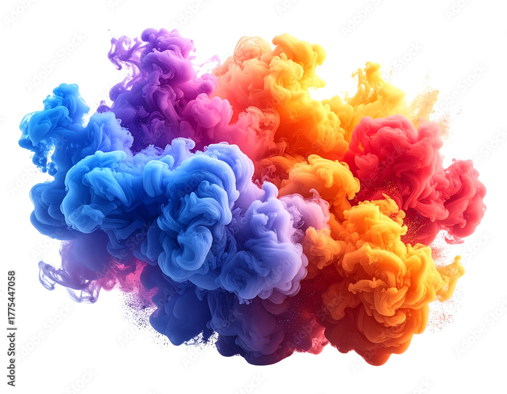 Fototapeta premium A vibrant AI-generated smoke bomb releasing thick c hues swirling dynamically in the air, soft edges and realistic blending, isolated on a clean white background for photo overlay