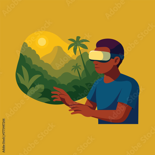 Virtual Reality Explorer In Tropical Jungle Landscape With Yellow Background