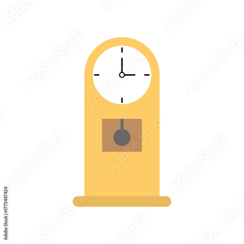 Flat illustration of a yellow vintage pendulum clock with a white clock face and simple black hands, representing time, antique decor, punctuality, and traditional home interior design concept.