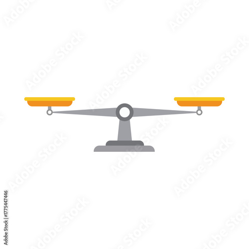 Flat vector illustration of a gray balance scale with two yellow pans on a white background, representing equality, justice, fairness, balance, and decision-making in law, business, or ethics.
