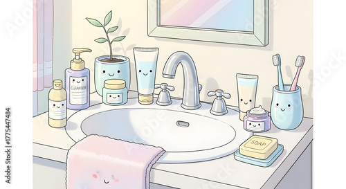 Whimsical Bathroom Still Life with Kawaii Hygiene Products
