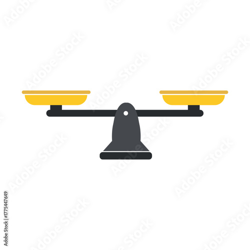 Flat illustration of a balanced weighing scale with two yellow pans and a dark base on a white background, symbolizing equality, justice, fairness, measurement, and decision-making concept.