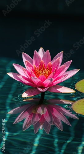 A vibrant waterlily flower floats gracefully on serene, clear pool water, creating a peaceful and elegant botanical scene. Reflections shimmer gently ,beautiful ,calm ,garden