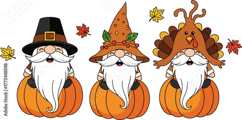 Thanksgiving cartoon gnomes vector—pilgrim hat, autumn leaves, turkey costume, pumpkin seat, festive fall celebration with smiling characters