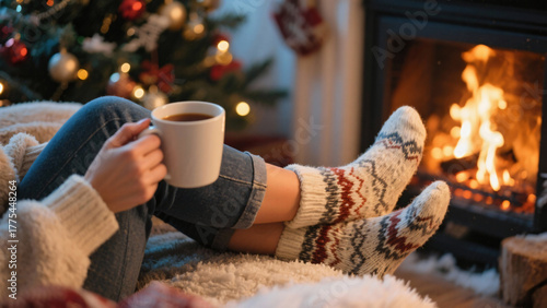 Feet in woollen socks by the Christmas fireplace. Woman relaxes by warm fire with a cup of hot drink and warming up her feet in woollen socks. Close up on feet. Winter and Christmas holidays concept