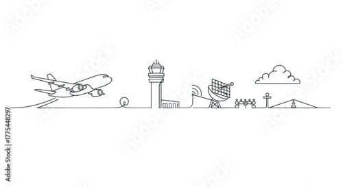 Dynamic airplane takes off, airport skyline, modern travel, scalable vector graphic, one line drawing minimalism