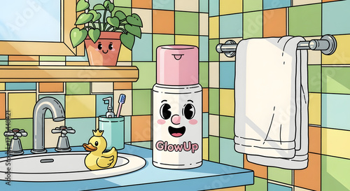 Cartoon Glow Up Cute Bathroom Scene with Skincare Bottle and Friendly Plant