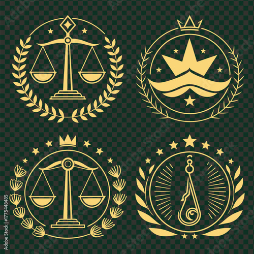 Golden law justice and leadership icons with laurel wreath illustration