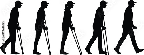 Crutch walking silhouette, rehabilitation movement sequence, physical therapy support, injury recovery illustration, disabled mobility aid, medical education vector, orthopedic training graphic