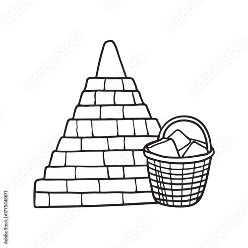 A ziggurat near a basket filled with bricks
