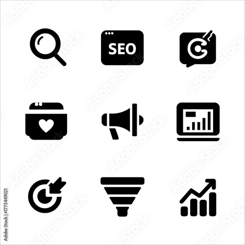 Collection of nine dark square icons related to seo, marketing, and business analytics