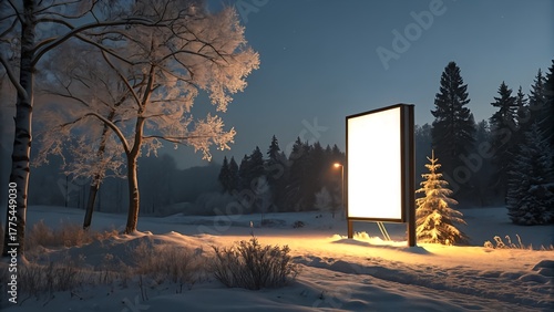 Blank Billboard in Snowy Winter Landscape at Night with Frosty Trees and Soft Lights