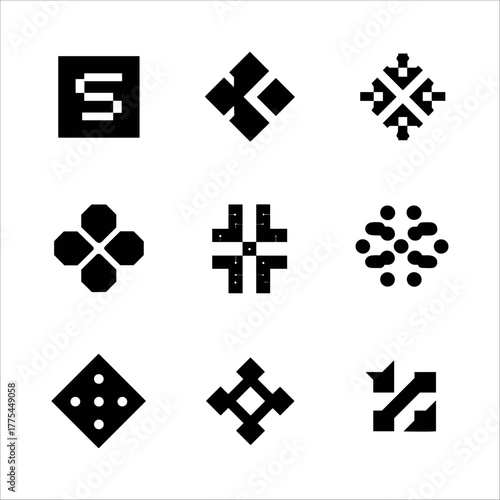 Assortment of nine black abstract geometric shapes and icons on a