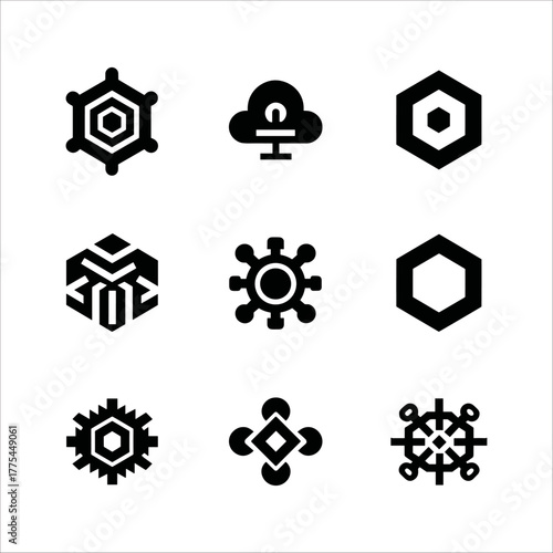 Collection of nine black abstract geometric icons on a, symbolizing innovation and structure