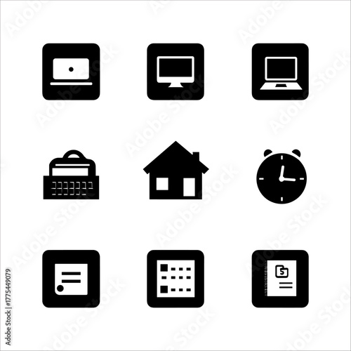 Set of nine black icons representing business, home, and time concepts, isolated on a